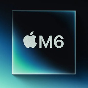 The image showcases a sleek black chip graphic featuring the Apple logo and "M6" text in metallic silver, surrounded by an iridescent blue and green glow. This visual represents Apple's newly announced M6 chip, which the post highlights as delivering up to 4.8× faster LLM prompt processing than the M4 for enhanced local AI compute.