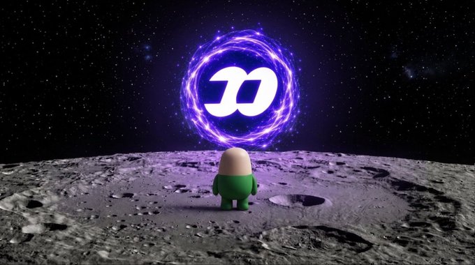 A small green alien-like character stands on the moon looking up at a glowing purple portal displaying the Haskell programming language logo.