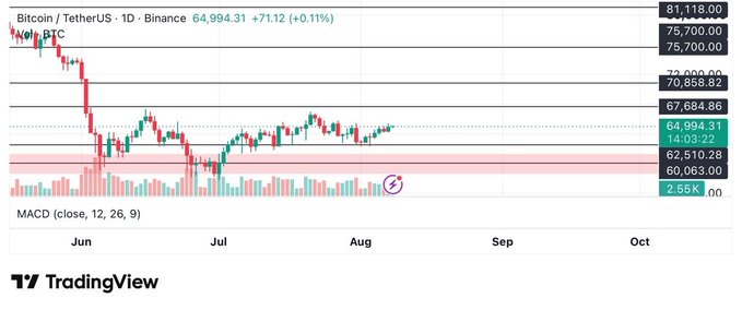 A TradingView chart displays Bitcoin/TetherUS (BTC) on the daily timeframe from Binance, showing price consolidating around $64,994 (+0.11%) with the title "Not BTC" at the top. Key price levels are marked including resistance at $65,000 and $67,684.86, support at $62,510.28 and $60,063.00, with low volume of 2.55K BTC and a MACD (12, 26, 9) indicator below — visually confirming the post's description of tight range-bound trading between $62,510 support and $65,000 resistance.