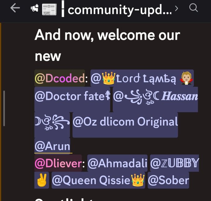A screenshot of a Telegram chat in a community channel titled 'community-upd...' announcing new members with usernames including @Dcoded, @Lord Lamba, @Doctor fate, @Hassan, @Oz, @Arun, @Dliever, @Ahmadali, @ZUBBY, @Queen Qissie, and @Sober.