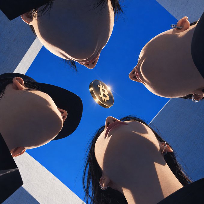 Four people look down at a floating Bitcoin coin glowing against a bright blue sky, embodying the post's "eyes up" message by directing their gaze upward toward the cryptocurrency.