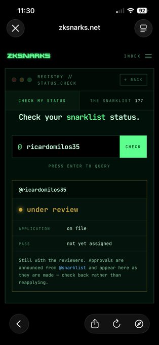 A mobile screenshot of zksnarks.net showing a registry status check for the username 'ricardomilos35', which displays 'under review' with 'application: on file' and 'pass: not yet assigned'.
