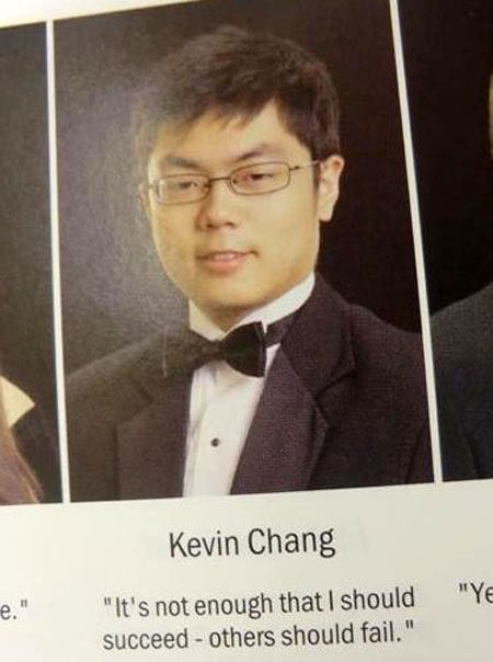 A photo of "Kevin Chang" from what appears to be a yearbook, wearing glasses and a tuxedo with a bow tie, paired with the quote: "It's not enough that I should succeed - others should fail."

The image relates to the "TradeXYZ team like" caption as a humorous reference to an aggressively competitive business ethos, suggesting that short-sellers or traders in the TradeXYZ community embrace this cutthroat "I win, you lose" mentality in the markets.