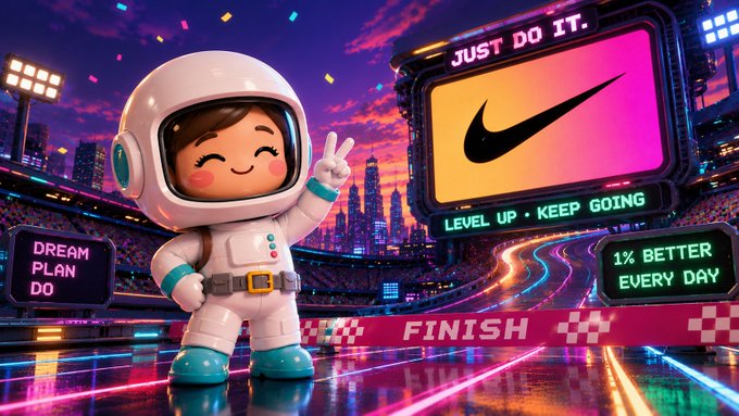 A cartoon astronaut character stands on a neon-lit stadium track with a 'FINISH' ribbon, making a peace sign next to a Nike 'swoosh' billboard reading 'JUST DO IT,' 'LEVEL UP • KEEP GOING,' 'DREAM PLAN DO,' and '1% BETTER EVERY DAY.'