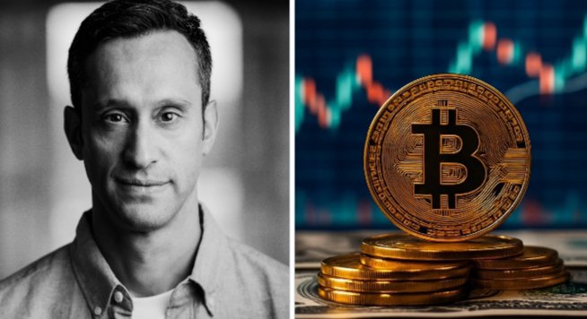 The image is a split composition featuring a black-and-white headshot of Scott Melker on the left, paired with a photograph of a gold Bitcoin coin stacked atop additional coins against a backdrop of green and red trading charts on the right—visually reinforcing his message that Bitcoin serves as a hedge against inflation and fiat currency devaluation.