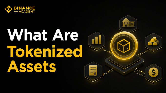 A Binance Academy thumbnail titled "What Are Tokenized Assets" features a glowing gold coin icon surrounded by hexagonal symbols representing real-world assets like real estate, gold bars, stocks, and bar charts, illustrating how tokenization converts physical and financial assets into blockchain-based digital representations.