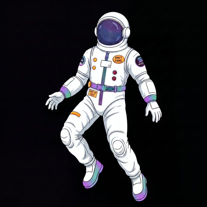 An illustrated astronaut floats against a black background, wearing a white spacesuit adorned with a "DON'T PANIC" patch, mission control badge, and rainbow accents on the boots and belt. The image serves as a visual mascot for the "Don't PANIC (DONTPANIC)" Solana memecoin launching on Pump.fun, using the iconic sci-fi motto as a playful nod to crypto market volatility.
