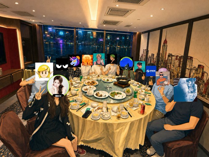 A group of people sit around a large round banquet table filled with various dishes, with their faces obscured by cartoon character stickers and avatars, set against a window view of a nighttime city skyline.