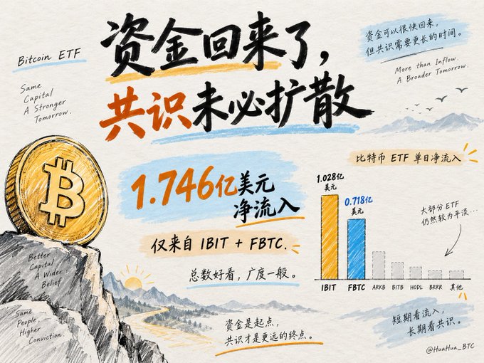 The image is a hand-drawn infographic in Chinese and English highlighting the return of capital to Bitcoin ETFs but the lack of broader consensus, featuring a large Bitcoin coin on a cliff and showing that Friday's $174.6 million ($1.746亿美元) net inflow came solely from IBIT and FBTC, with IBIT leading at $1.028 billion and FBTC at $0.718 billion, while other ETFs (ARKB, BITB, HODL, BRRR) remain muted—visually reinforcing the post's point that recent inflows are concentrated rather than reflecting widespread market conviction, leaving year-to-date flows still negative.