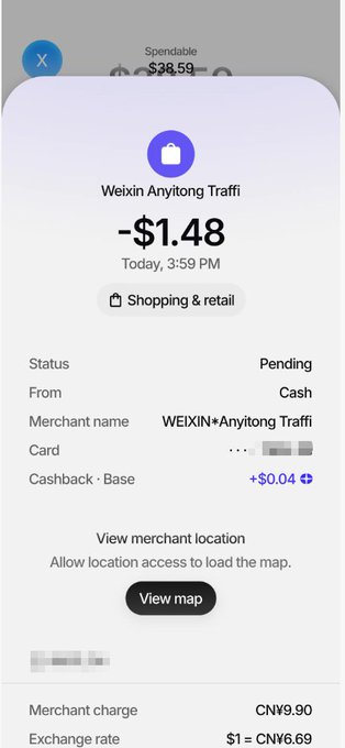 A mobile wallet screenshot showing a pending transaction of -$1.48 to 'Weixin Anyitong Traffi' categorized as Shopping & retail, with an exchange rate of $1 = CN¥6.69.