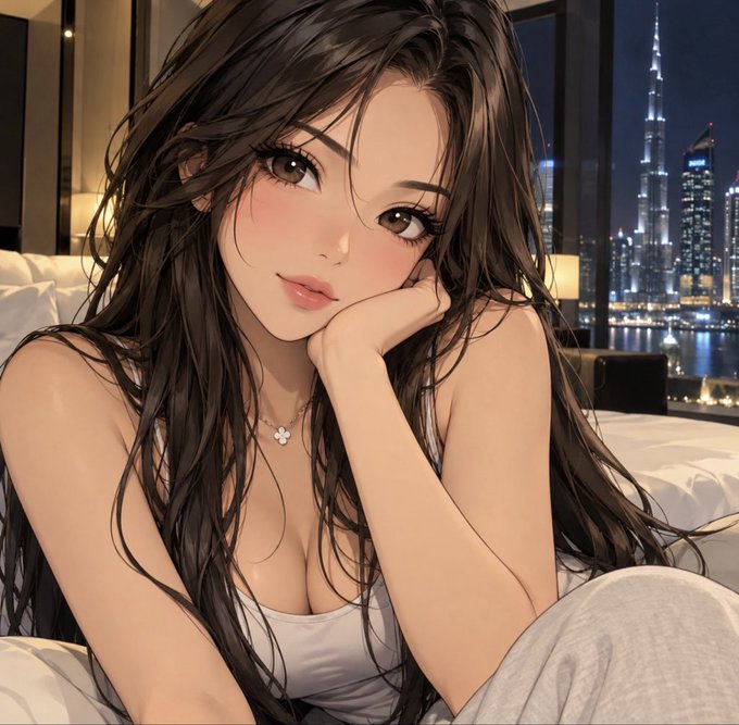 An anime-style illustration of a young woman with long dark hair resting her chin on her hand in a dimly lit room with a city skyline (featuring the Burj Khalifa) visible through a window behind her. The caption relates to the post by using the glamorous, attention-grabbing image as bait to lure viewers into engaging with the "test" message in order to obtain a supposed ticker and contract address (ca).