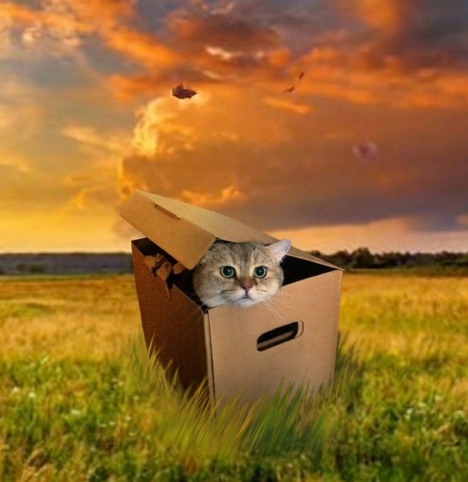 A gray tabby cat peeking out of a cardboard box sitting in a grassy field under a dramatic orange sunset sky.