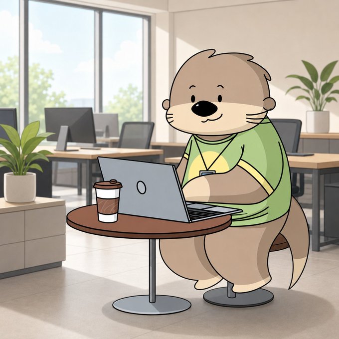 A cartoon sea otter in a green shirt works on a laptop at a modern office café table, with a coffee cup beside it, symbolizing haSUI's ability to stay productive across DeFi venues while earning native SUI staking rewards.