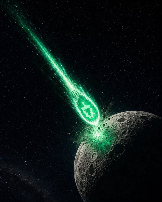 A glowing green “CAW”-emblazoned meteor streaks toward the Moon as impact debris erupts from its surface, evoking the prediction that “2026 is the year of #CAW.”