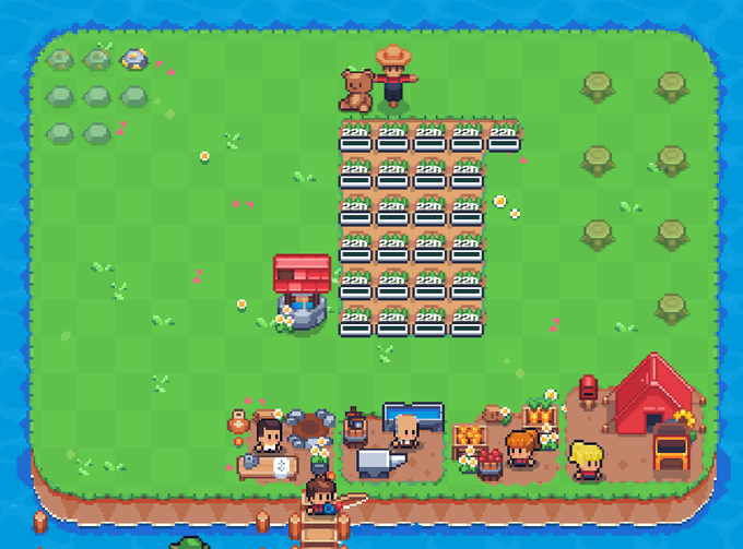A pixel-art farm scene showing rows of 22h-timer buildings, a scarecrow with a teddy bear, a tent, and various characters working around stalls on a green island.