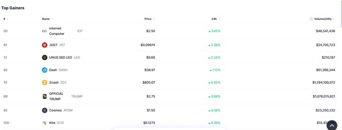 A cryptocurrency 'Top Gainers' leaderboard displaying coins like Internet Computer (ICP) up 3.62%, JUST (JST) up 2.36%, and UNUS SED LEO up 2.24% over 24 hours.