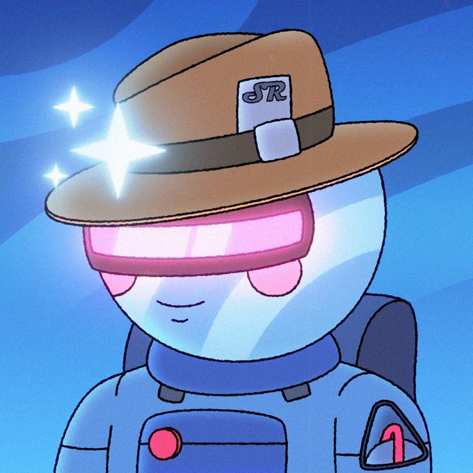An animated illustration of a blue character wearing a brown scout-style hat with 'JR' on it and pink futuristic visor glasses, featuring a glowing star effect on the hat brim.