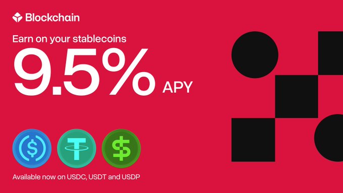 A bold red advertisement promoting Blockchain.com's Earn program, displaying a prominent "9.5% APY" headline and three coin icons representing USDC, USDT, and USDP stablecoins. The image's striking design and key details directly support the post's message about earning high yield on stablecoin holdings.