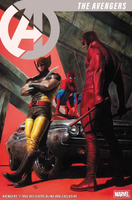 A Marvel comic book cover titled 'THE AVENGERS' featuring Wolverine, Spider-Man, and Daredevil standing around a car, marked as 'AVENGERS #1 TRUE BELIEVERS BLING BAG EXCLUSIVE' with the Marvel logo.