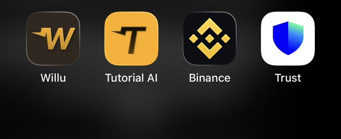 The image displays four mobile app icons labeled "Willu," "Tutorial AI," "Binance," and "Trust" against a dark background, illustrating the post's message about real-world Web3 applications in the BNB Chain ecosystem that bring blockchain technology into everyday use.
