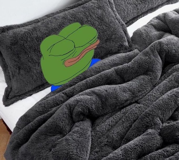 A cartoon Pepe the Frog tucked into a fluffy gray blanket and pillow on a bed, saying "Good night frens" as a cozy sign-off to his followers.