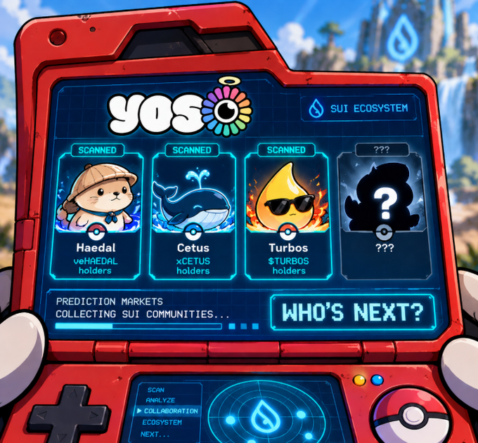 A Sui-themed Pokédex-style interface by 'yos' scans three token communities—Haedal (veHAEDAL), Cetus (xCETUS), and Turbos ($TURBOS)—predicting future Sui ecosystem tokens with a 'WHO'S NEXT?' prompt.