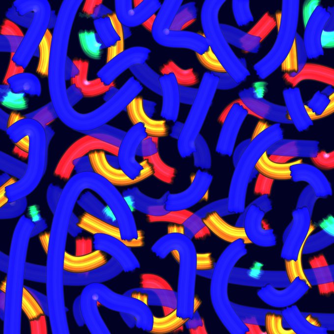An abstract digital artwork featuring overlapping curved tubular shapes in vibrant blue, red, yellow, and green against a dark background.
