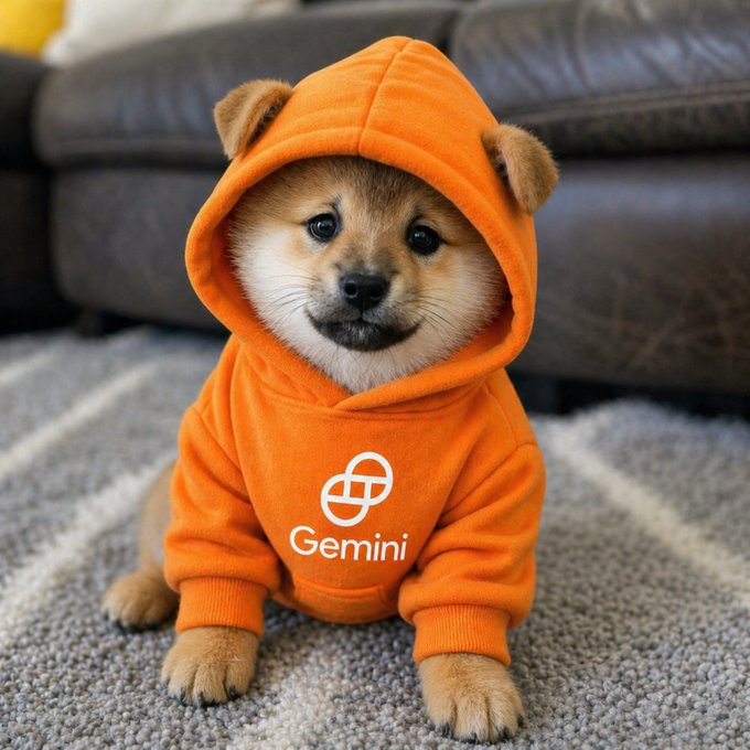 A small Shiba Inu puppy wearing an orange hoodie with bear ears and the word 'Gemini' printed on the front, sitting on a gray striped carpet.