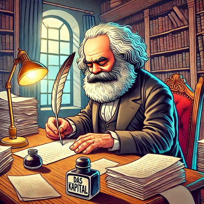 A stylized illustration of Karl Marx writing with a quill pen at a desk, surrounded by books and papers, with an ink bottle labeled 'DAS KAPITAL' in the foreground.
