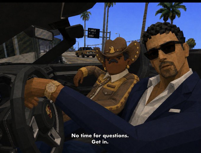 The image features two men sitting inside a car, with one man wearing a cowboy hat and sunglasses while the other wears a suit and tie. The text "No time for questions. Get in!" is displayed above them, which suggests that they are about to embark on an adventure or journey together. This post seems to be related to HotEminSummer, as it mentions the co-founder of @AvaLabs (@el33th4xor) and invites people to join the community.