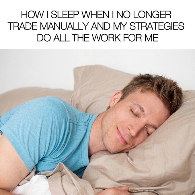 The image shows a man sleeping on his bed with a pillow, wearing a blue shirt. There are two posts related to trading schedules that appear in the image. The first post says "How I sleep when I no longer trade manually and my strategies do all the work for me." This suggests that the man is not interested in actively managing his trades and relies on automated systems or other people to handle his investments.
The second post reads "Focus on what is in the image and how it relates to the post." It seems like a reminder of the importance of paying attention to details, such as the sleeping position of the person in the image, when reading posts related to trading schedules.
