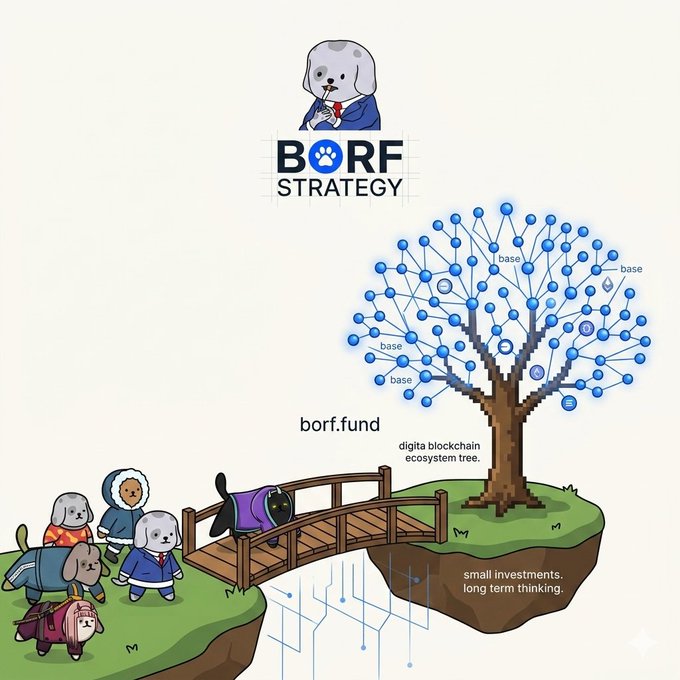The image features a cartoon depiction of a small bridge over water with people standing on it. The bridge is made out of blocks, and there are blue circles representing trees growing from these blocks. A dog can be seen near one of the trees. The text in the image reads "How small investments can grow into big dreams on BORF Strategy! Imagine you are a builder with a great idea for the @base blockchain. You have the skills, the vision, and the drive. But you have zero funding. No rich friends. No big connections. Your project will die before you". The image is related to the post because it represents the concept of investing in ideas or projects without immediate financial backing, which aligns with the BORF strategy.