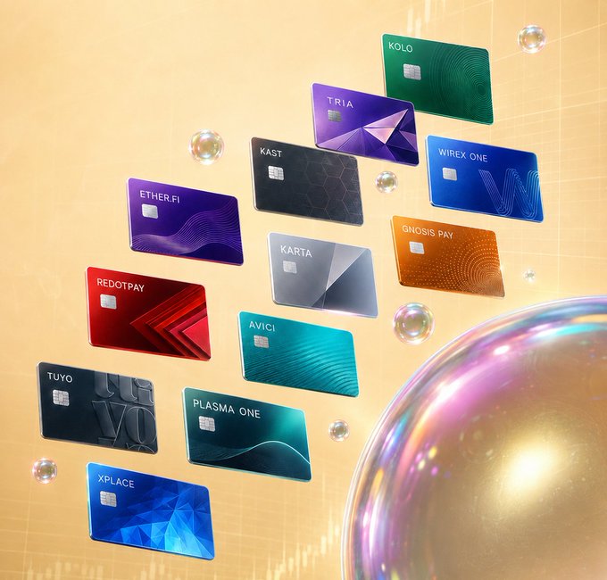 An array of colorful premium credit cards floating in a 3D space with bubbles, featuring brand names like 'KOLO', 'TRIA', 'KAST', 'WIREX ONE', 'ETHER.FI', 'KARTA', 'GNOSIS PAY', 'REDOTPAY', 'AVICI', 'TUYO', 'PLASMA ONE', and 'XPLACE'.