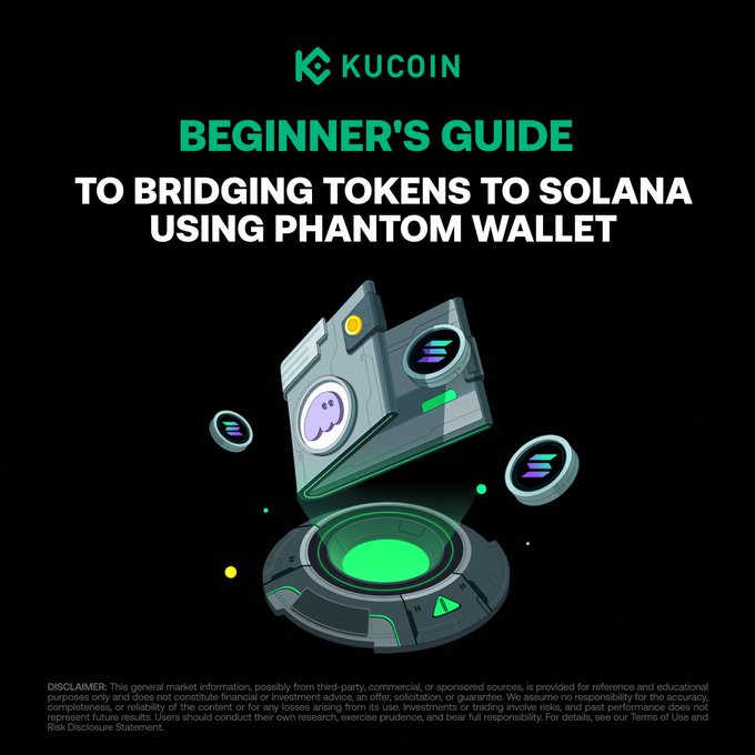 A dark-themed KuCoin promotional graphic titled "BEGINNER'S GUIDE TO BRIDGING TOKENS TO SOLANA USING PHANTOM WALLET," featuring a 3D illustration of a glowing Phantom wallet with a ghost icon emerging from a futuristic sci-fi platform surrounded by Solana (SOL) token symbols, visually reinforcing the post's tutorial on using Phantom's built-in Cross-Chain Swapper to transfer tokens from Ethereum, Polygon, or Base directly to Solana.
