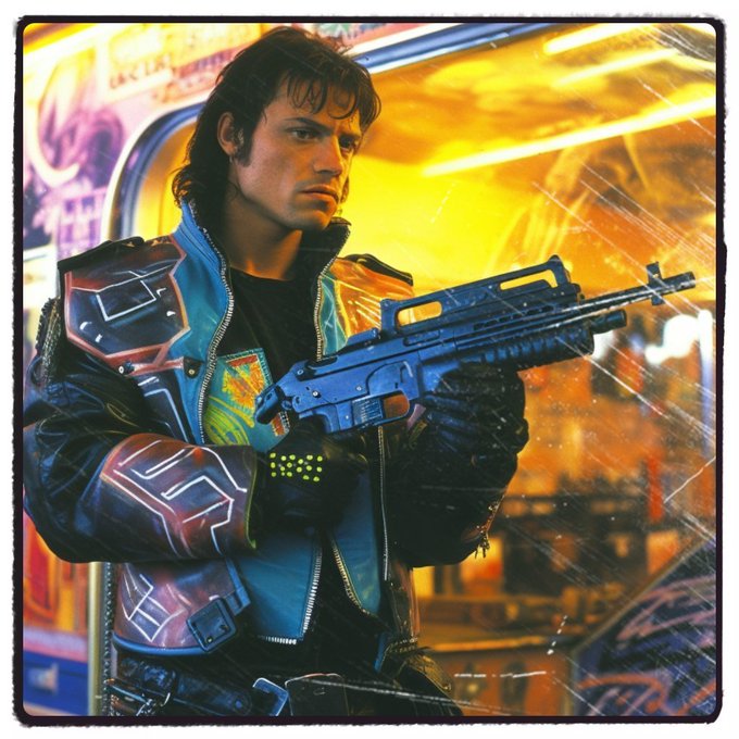 A man with 1980s-style hair holds a futuristic assault rifle in a neon-lit urban setting, his jacket featuring glowing circuit-like designs and a green digital display on his glove—evoking a gritty, retro-futuristic action movie aesthetic that builds anticipation for an upcoming release.