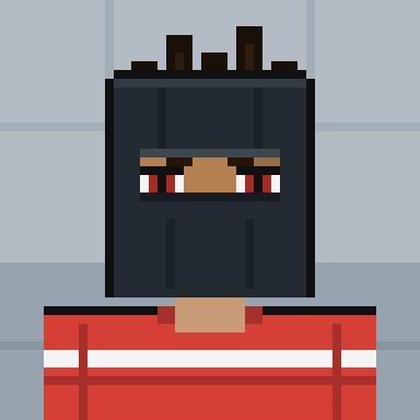 A pixel art character depicting a dark-skinned figure wearing a red and white striped outfit with a black mask or helmet.