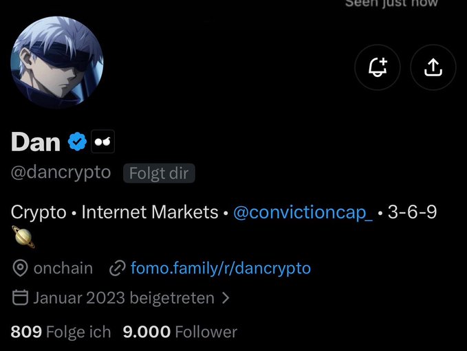 A Twitter/X profile for 'Dan' (@dancrypto) with a verified checkmark, showing 9,000 followers and bio text mentioning Crypto, Internet Markets, @convictioncap_, and 3-6-9.