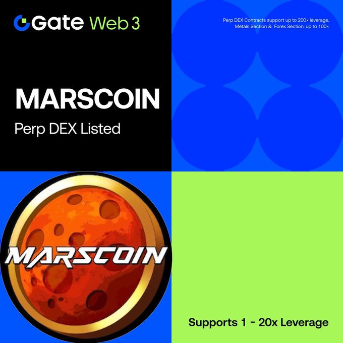 Promotional graphic for Gate Web3's Perp DEX listing of MARSCOIN ($MARSCOIN) against USDT, featuring the MARSCOIN logo (a red planet resembling Mars) and noting that the perpetual DEX contracts support up to 200x leverage while the new MARSCOIN listing supports 1-20x leverage.