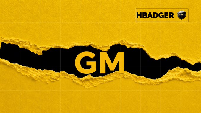 A yellow graphic with a torn paper effect revealing 'GM' in the center, with an 'HBADGER' logo featuring a badger in the top right corner.