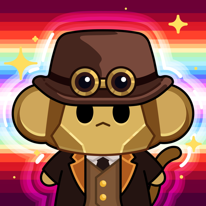 A cartoon illustration of a mushroom character wearing a brown top hat with goggles and a formal coat, set against a rainbow gradient background with sparkles.