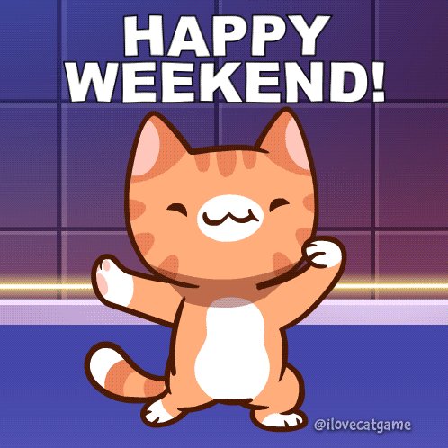 The image features an orange cat with white paws dancing on a blue surface, possibly a floor or a table. The cat appears to be waving at the camera while wearing a pair of sunglasses. In the background, there are purple tiles that match the color of the cat's fur and eyes. Above the cat, there is text that reads "Happy weekend!" followed by "Happy weekend!". Below this, there is another image of the same orange cat with white paws and sunglasses on its face. The text in the image also mentions a campaign called "GM frens happy weekend".