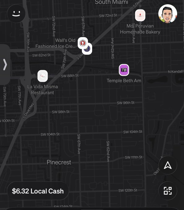 A map app interface shows locations including 'La Vida Misma Restaurant' and 'Wall's Old Fashioned Ice Cream' in the South Miami/Pinecrest area, with '$6.32 Local Cash' at the bottom.