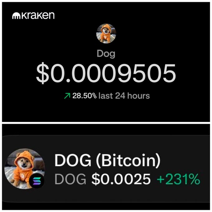 Cryptocurrency price comparison screenshot showing 'Dog' (Bitcoin's $DOG) at $0.0009505 on Kraken with a 28.50% increase, compared to DOG (Dogecoin) at $0.0025 with +231% gain.
