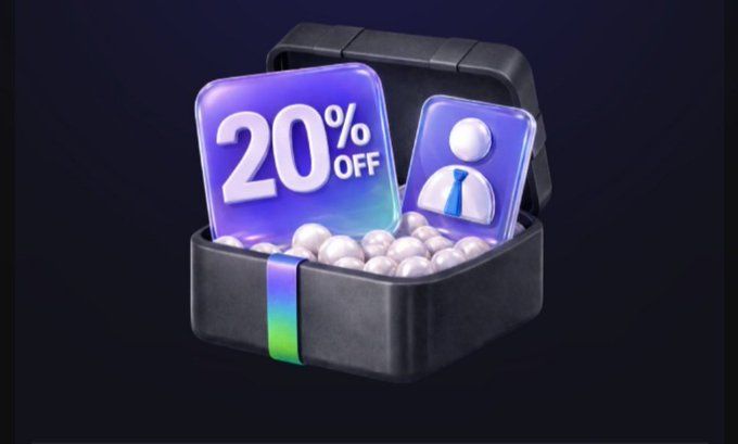 A dark gray gift box filled with white pearls and two purple tiles—one displaying "20% OFF" and the other a businessman icon—symbolizes an exclusive invitation offer for the PopDEX trading platform.