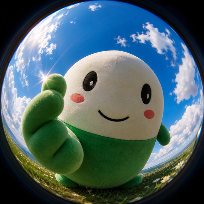 A cute, round plushie character with a cream-colored head, green body, rosy cheeks, and a smile waves cheerfully against a bright blue sky, captured with a fisheye lens effect. The image showcases the beloved $Cupsey mascot plushie, highlighting its IP rights and merchandise appeal as a unique 1/1-style crypto coin.