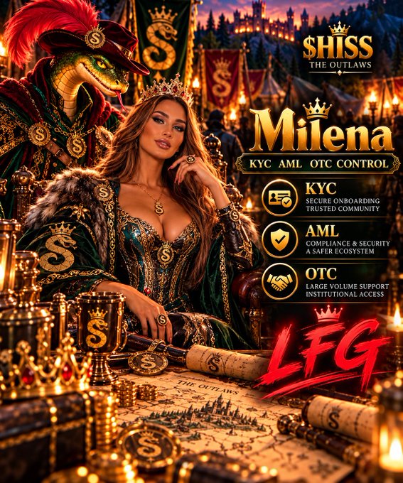 A promotional crypto poster titled 'SHISS THE OUTLAWS' featuring a woman named 'Milena' in royal attire, listing services for KYC, AML, and OTC control with 'LFG' in red text.