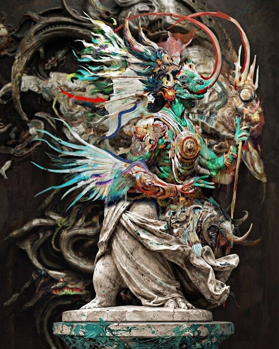 A detailed, colorful fantasy sculpture or digital artwork of a multi-horned, winged mythical beast with teal and gold accents, riding or mounted upon a pale, classical-style figure against an ornate background.