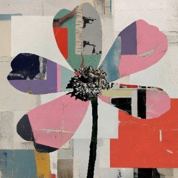 A mixed-media collage artwork featuring a stylized flower with bold pink, blue, and purple petals against a geometric abstract background, with a spiky black center and stem. The image appears unrelated to the Twitter wishlist post about collecting various NFT collections, seemingly serving as decorative artwork for the "How many you got?" question.