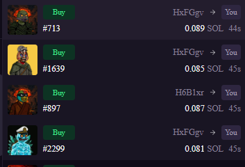 A dark-mode NFT marketplace listing showing multiple digital collectibles (#713, #1639, #897, #2299) available for purchase in SOL (Solana) at prices around 0.081-0.089 SOL.