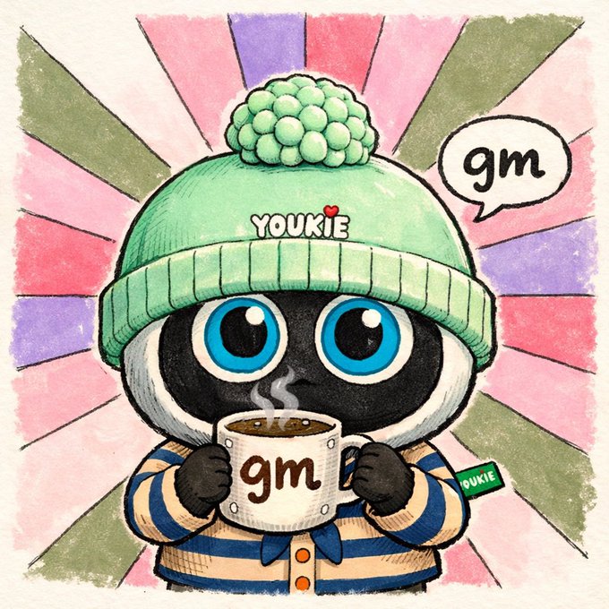 A cartoon panda character wearing a green beanie with 'YOUKIE' written on it, holding a mug labeled 'gm' with a speech bubble saying 'gm'.